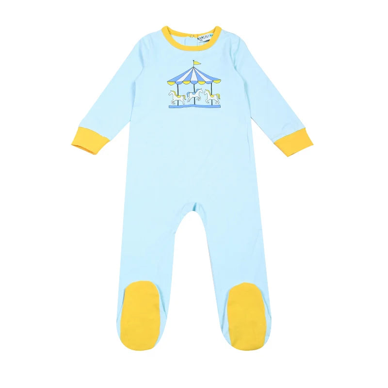 Summer Family Matching Set Long Sleeve Pajamas Brother and Sister Matching Pink and Blue Carousel Soft Print Sibling Clothes
