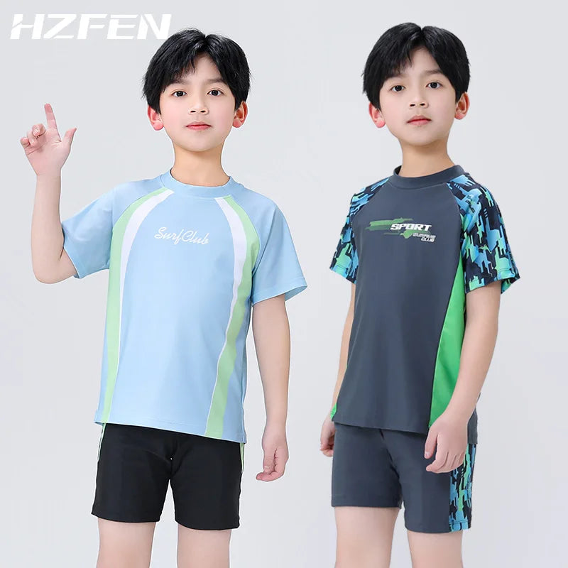 Kids Boy Swimsuit Summer Children Board Shorts Sets Boys Split Short Sleeve Quick Drying Boys Swimwear Beach Surfing Swimsuits