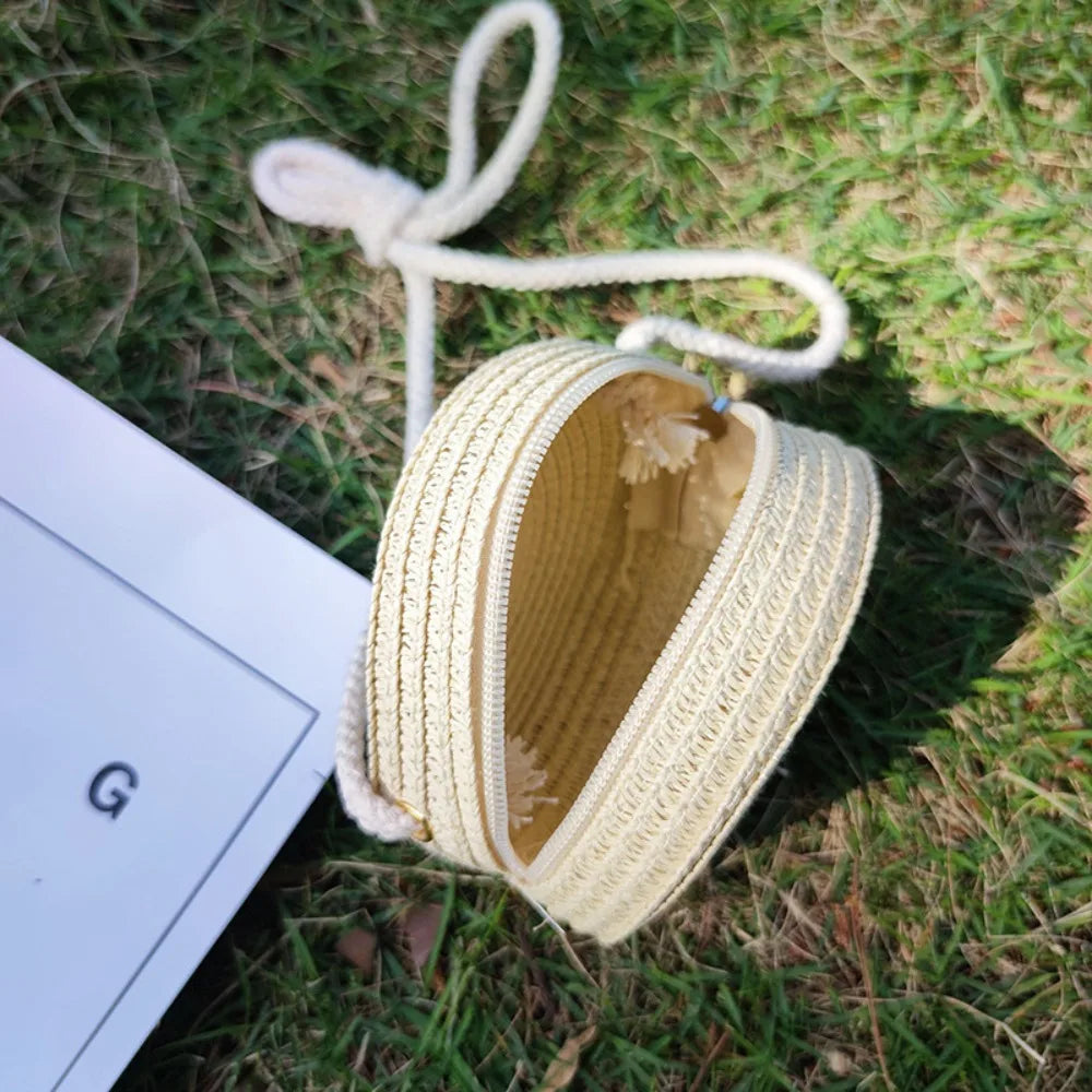 Flower Straw Baby Bags Handmade Summer Beach Women Girls Shoulder Bag Messenger Bag Kids Keys Coin Purse Princess Mini Handbag