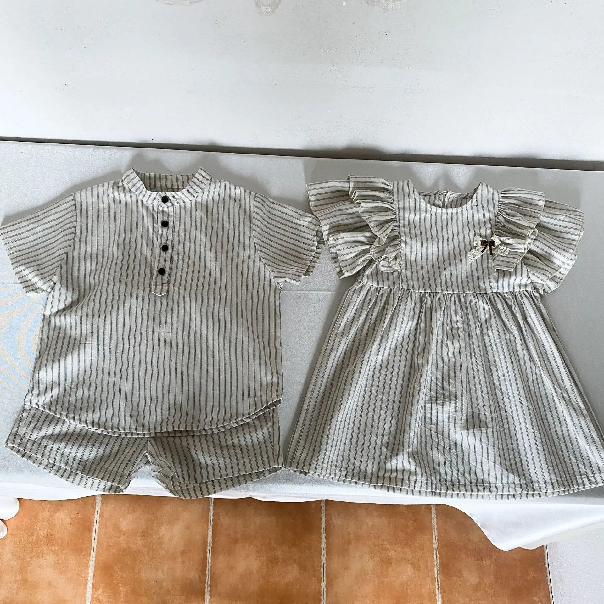 22004 Brother Sister Clothes Summer New Short Sleeve Stripes Baby Boy's Suit Or Cotton Girl Dress