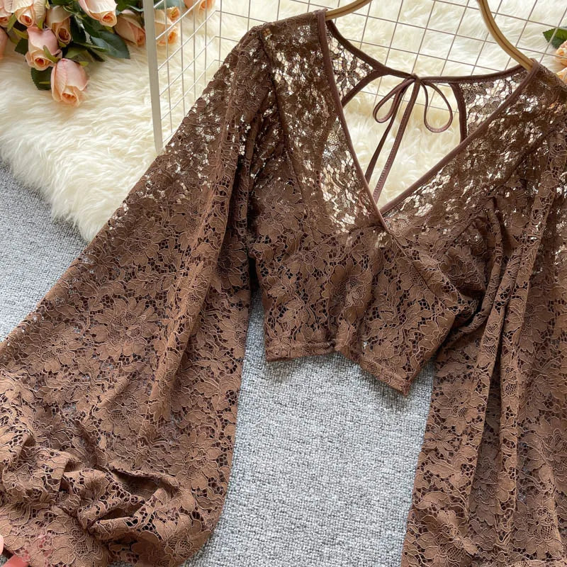 Frenchic Sexy Blusas Mujer Crochet Lace Sheer Women Tops V-neck Lantern Sleeve Backless Lace-up Ladies Elegant Blouse