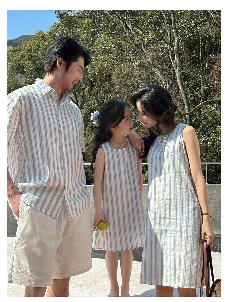 Korea Style Family Matching Outfit Striped Print Short Sleeve T-shirt+Shorts Tank Dress Parent-child Clothing Beach Holiday Look