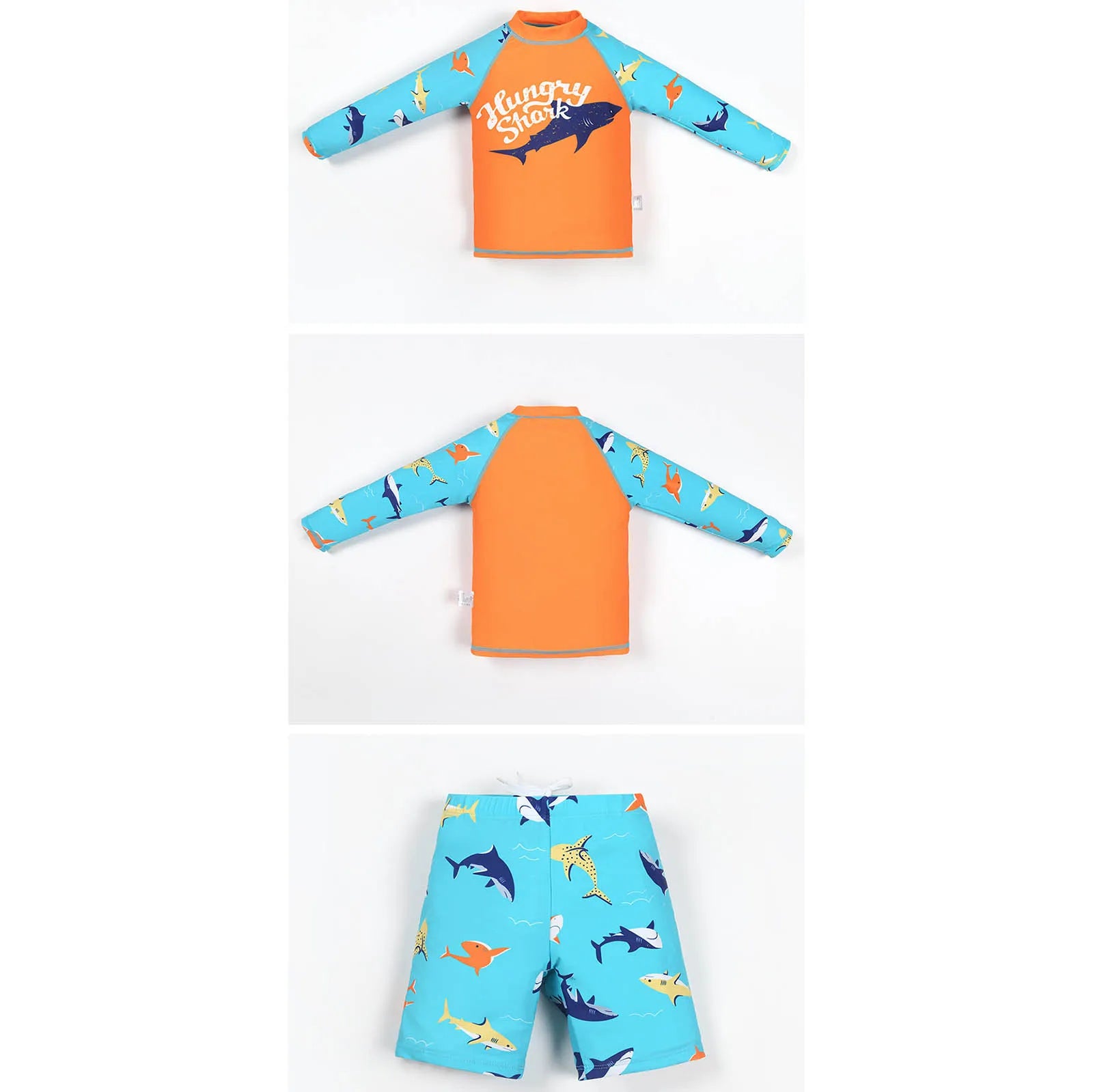 New Boys 3 Pieces Shark-patterned Swimwear Set Long Sleeve Top with Shorts Sunshade Cap Quick-dry Swimsuit Summer Bathing Suit