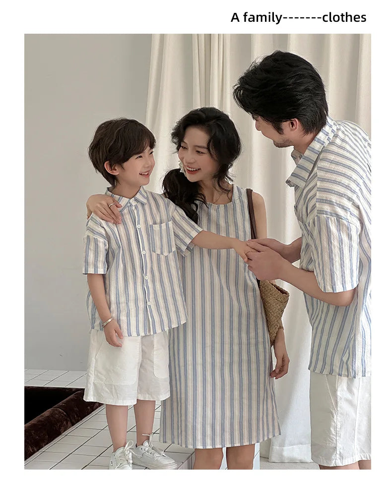 Korea Style Family Matching Outfit Striped Print Short Sleeve T-shirt+Shorts Tank Dress Parent-child Clothing Beach Holiday Look