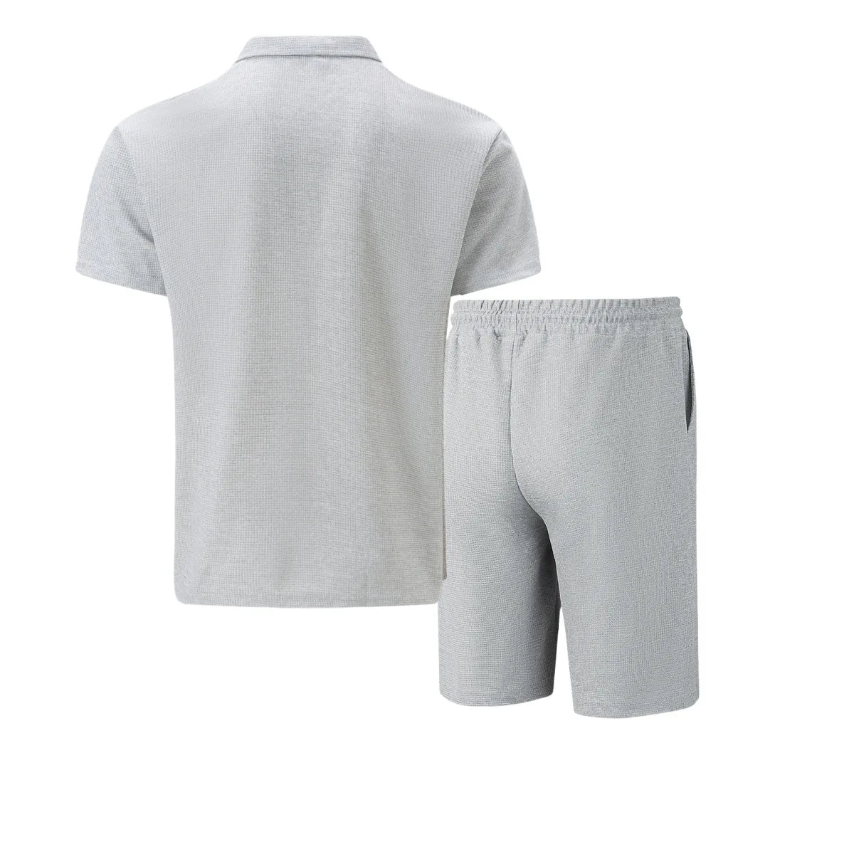 Men Europe and the United States New Summer Waffle Solid Color Zip-Up Lapel Short-Sleeve Suit Shorts Two Sets
