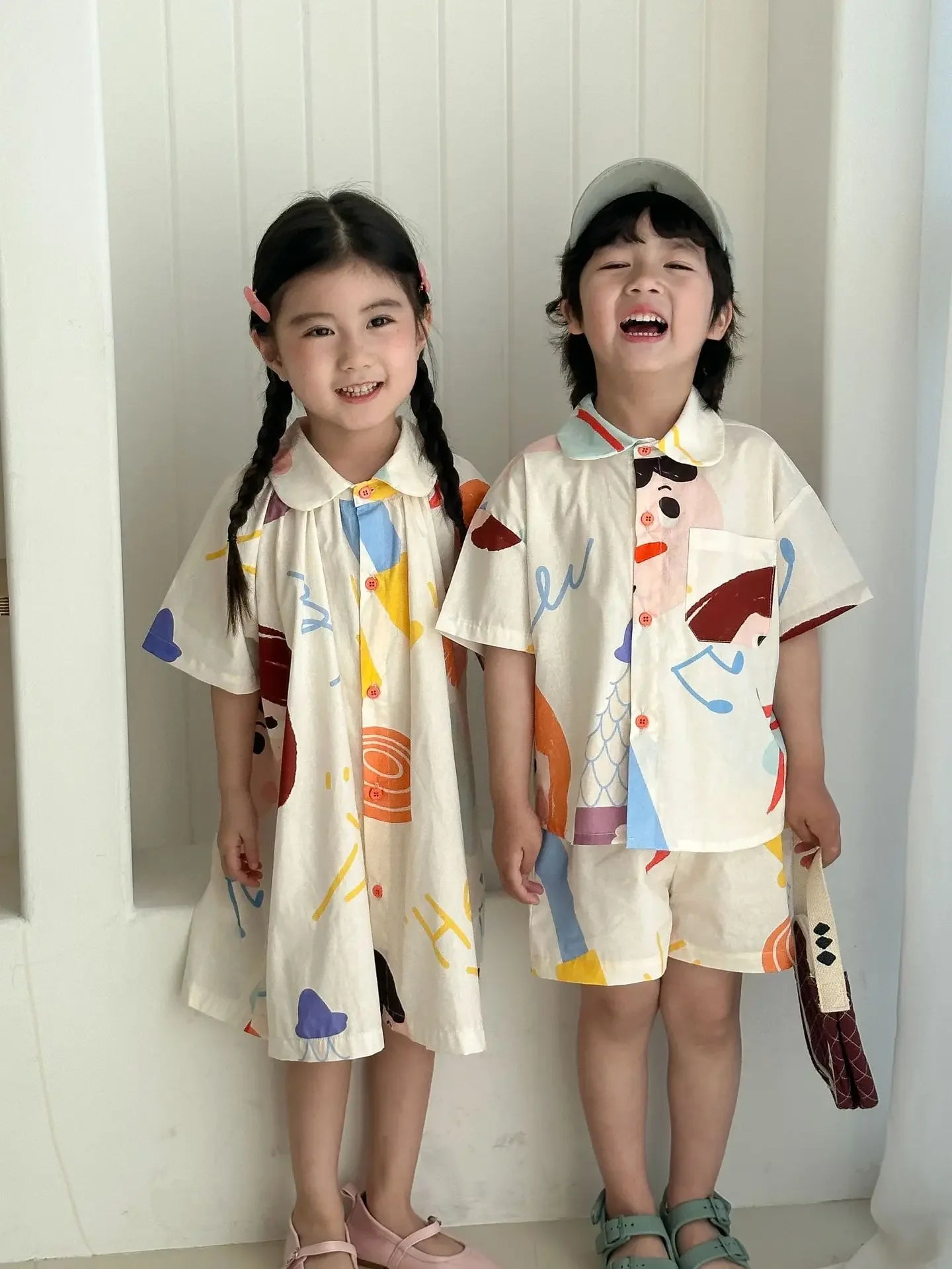 Kids Set Brother And Sister Clothes 2025 Summer New Boy's Two Piece Suit Or Short Sleeve Girl's Graffiti Dress Cartoon Clothes