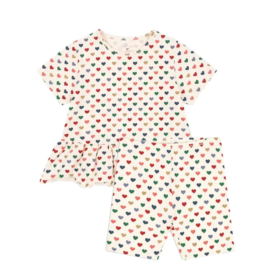 Children Clothes Set 2025 KS Summer Girls Floral Tops Shorts Set Girl Heart Print Slip Dress Kids Short Sleeved Vacation Suit
