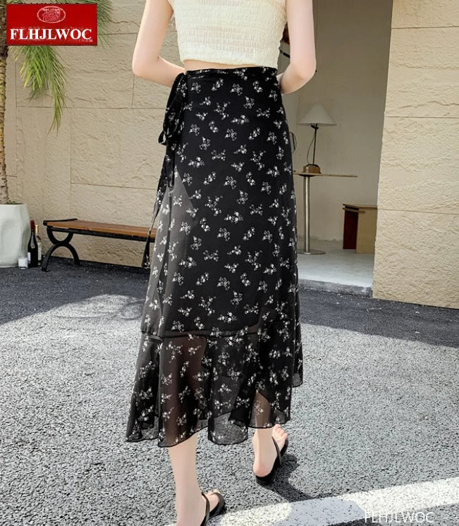Wrap Up Chic Korea Clothes Women Cute Girls Floral Robe Holiday Beach Date High Waist Retro Vintage One-Piece Lace-Up Skirts