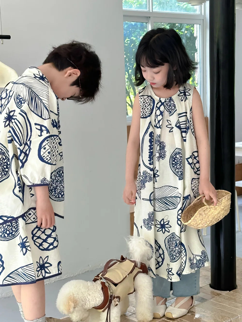 22386-1 Brother Sister Clothes  Boy's Summer Suit Girl's Dress Or Casual Short-sleeved Shirt+Shorts Two-piece Suit