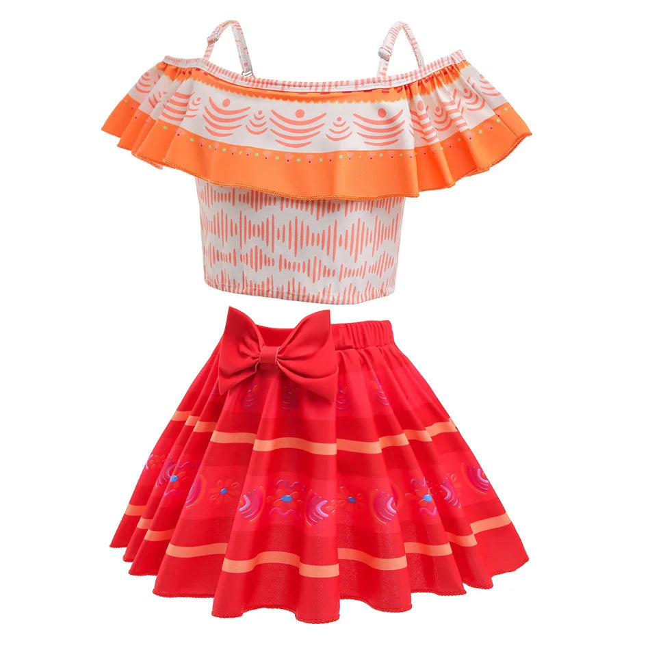 Encanto Cosplay Mirabel Isabela 2Pcs Tops Skirt Set Girls Dolores Luisa Pepa Bikini Swimwear Children Print Beachwear Costumes