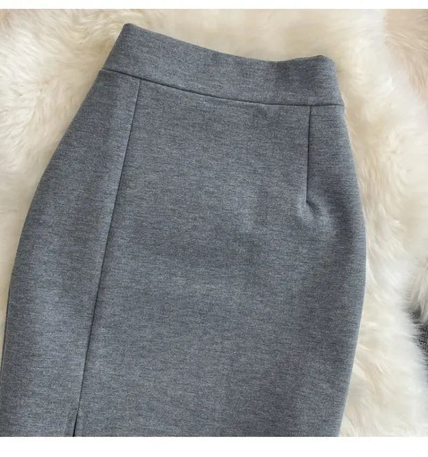 High Waist Midi Skirt Women's OL Profional Slimming Side Slit Wrap A-Line One Step Skirt Autumn Korean Sle Commute