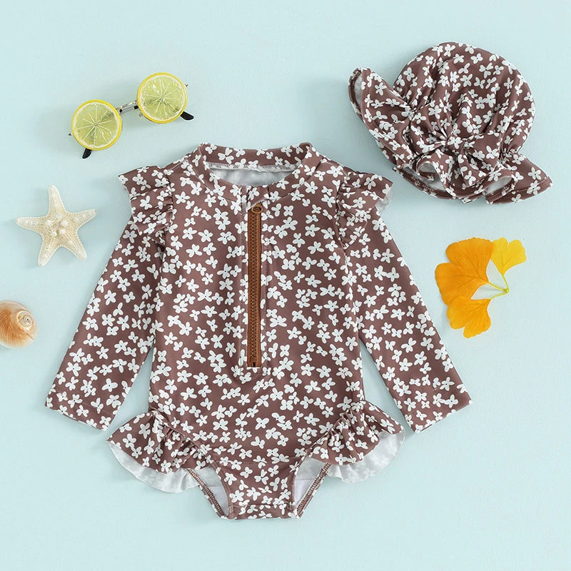 Little Baby Girls Swimsuit Rash Guard Long Sleeve Zipper Ruffle Bathing Suit Toddler Summer Clothes