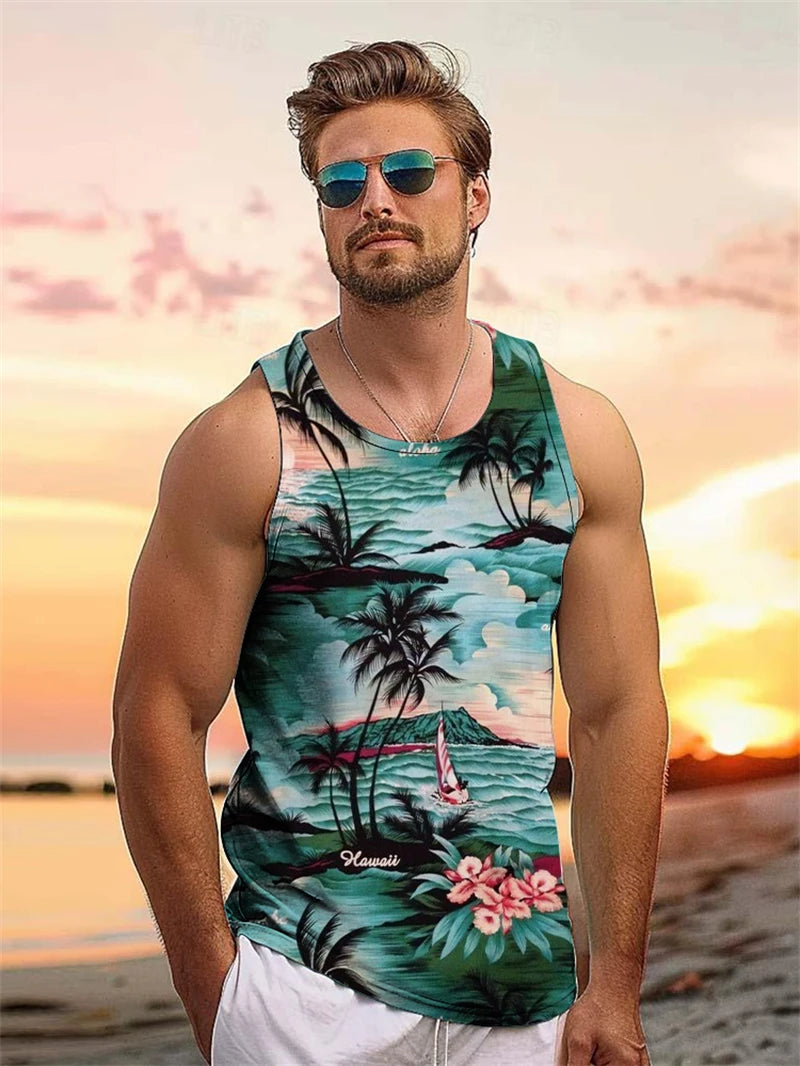 Tropical Plant Palm 3D Graphic Men's Sleeveless Hawaii Vacation Outdoor Casual Tank Tops Summer Travel Street Loose Men Clothing