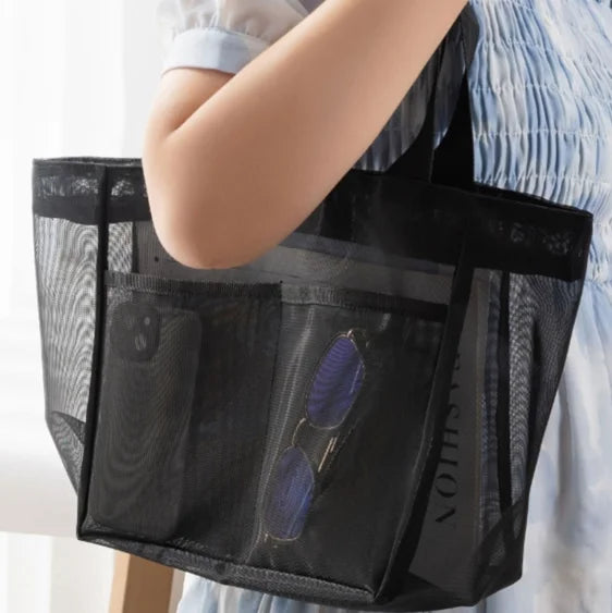 Solid Color Gauze Handbag Transparent Storage Bag Shoulder Bag Beach Bag Large Capacity Mall Transparent Net Shopping Bag 1 PC