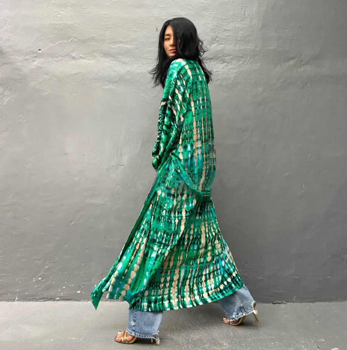 Women's Boho Stripe Tie Dye Swimsuit Cover Up with Belt Tunic Sarong Cardigan Dress Bikini Cover-ups Beach Wear Kimono