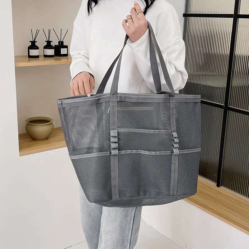 Large Capacity Canvas Beach bag Versatile Commuting Shopping Shoulder bag Lightweight Semi Transparent Mesh Hollow bag