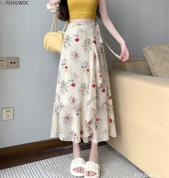 Wrap Up Chic Korea Clothes Women Cute Girls Floral Robe Holiday Beach Date High Waist Retro Vintage One-Piece Lace-Up Skirts