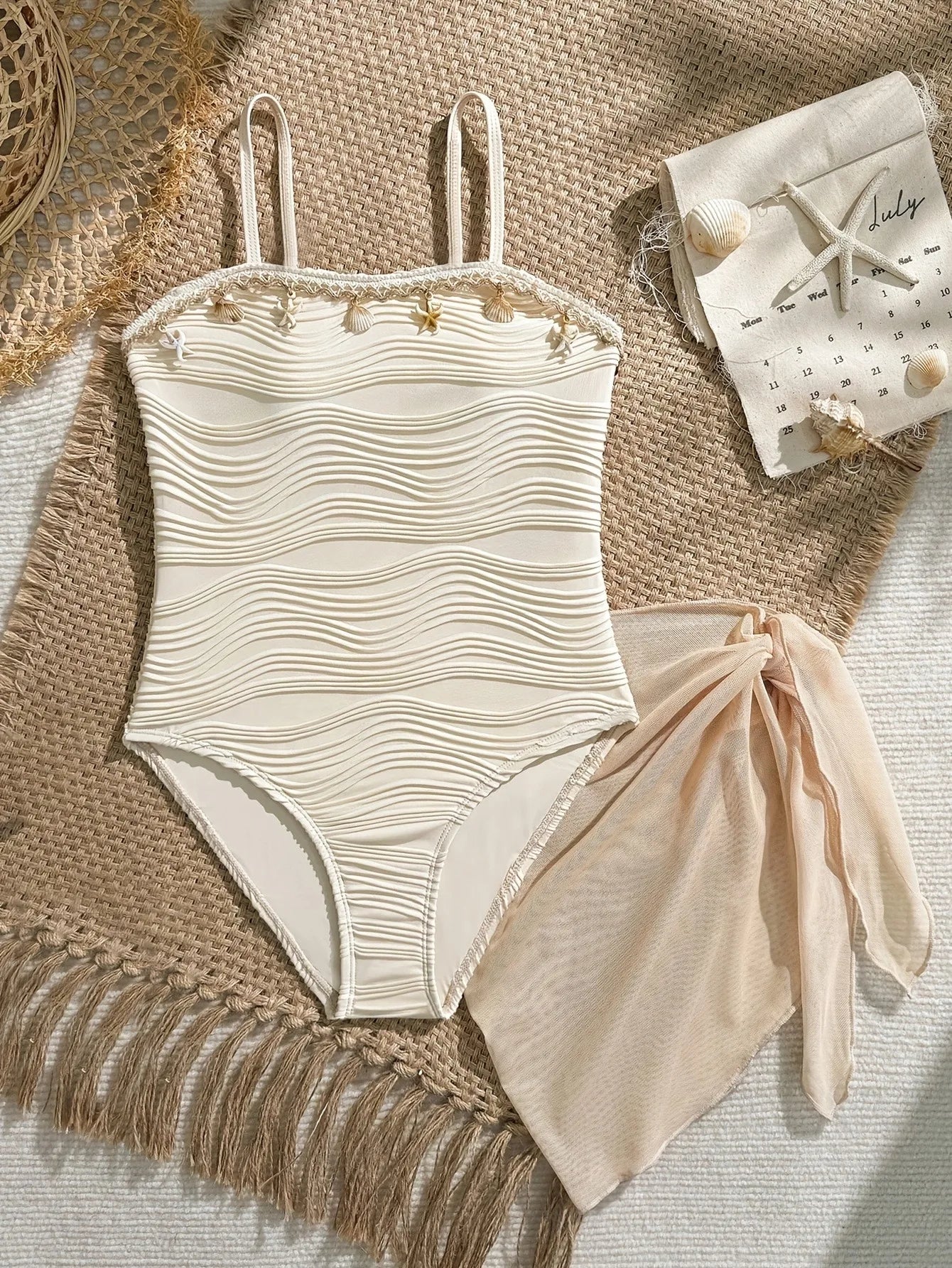 Kids Girls 2-Piece Seashell Starfish Decor Wavy Textured One Piece Swimsuit & Sheer Beach Sarong Cover Up Set