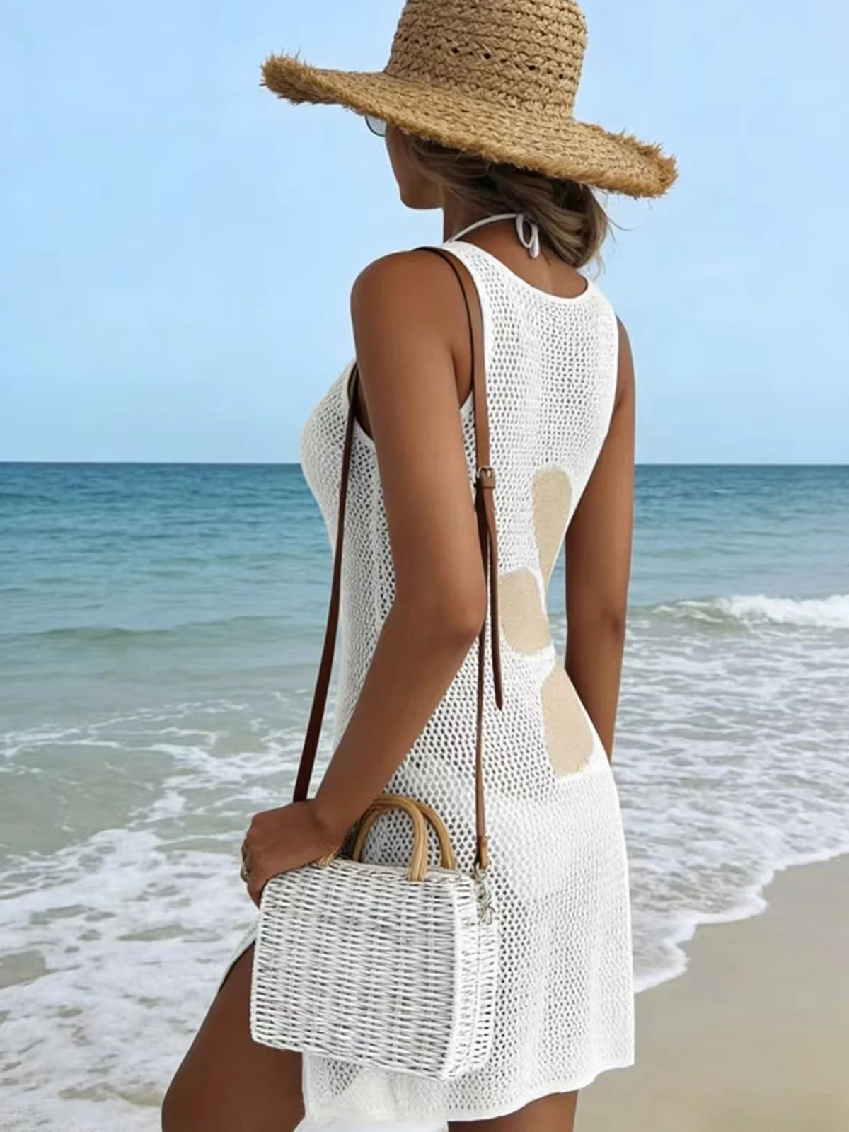 New Style Fashion Floral Knit Dress,Sleeveless Hollow Out Short Beach Cover-Up,Casual Slim-Fitting Dress,Women's Beachwear