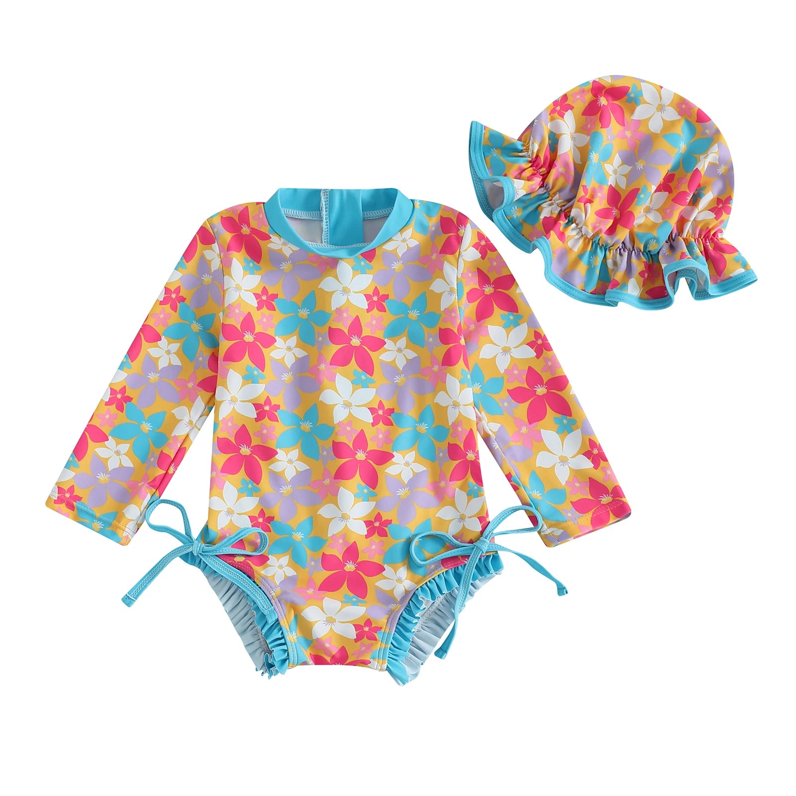 Infant Toddler Newborn Baby Girl Swimsuits Flower Fruit Print Ruffles Rash Guard Swimwear and Swim Cap for Toddler Bathing Suits
