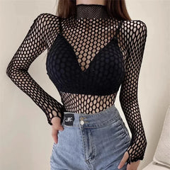 Womens Sexy Mesh Long Sleeve Fishnets Tops Fun Fashion Slim Fit Tops  Hollow Out See Through Loose Female T-shirts Crop soft Top
