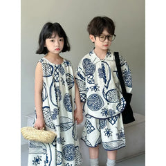 22386-1 Brother Sister Clothes  Boy's Summer Suit Girl's Dress Or Casual Short-sleeved Shirt+Shorts Two-piece Suit
