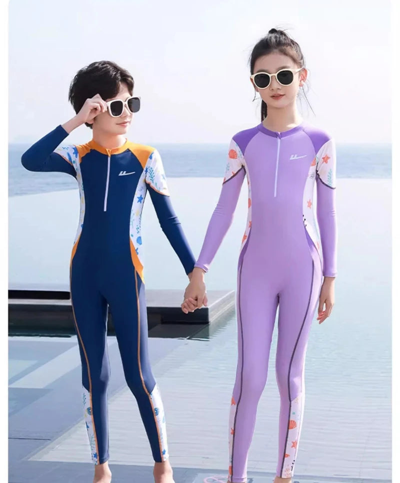Girls And Boys Swimwear One Piece Long Sleeve Swimsuit Kids UV Protection Front Zipper Children Swimming Suit Summer Beachwear