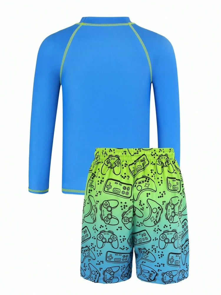 Boy Kids Swimsuit 2026 New Solid Print Long Sleeves Children Swimwear Summer Two Piece Beach Shorts Beach Bathing Suit Swimming
