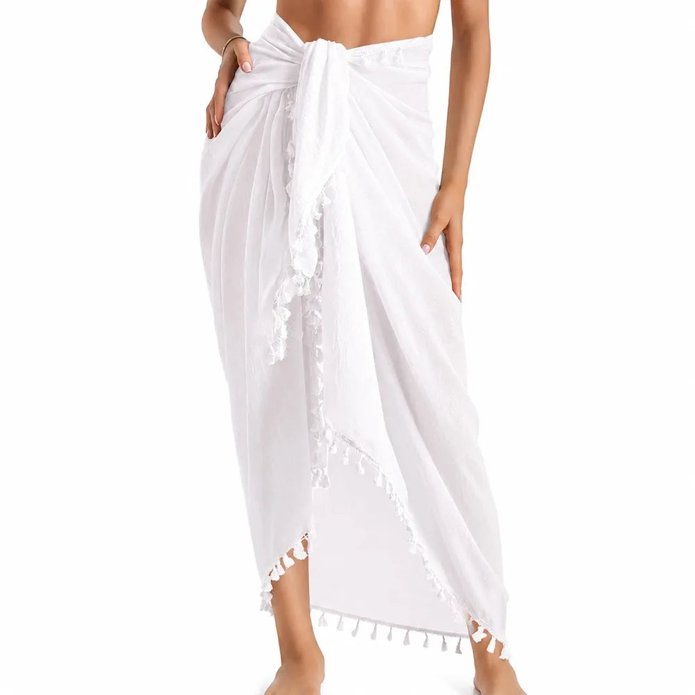 Solid Color Beach Wrap Skirt Sheer Design Quick Drying Sarong Beach Towel Knot Side Tassel Trim Bikini Cover Up