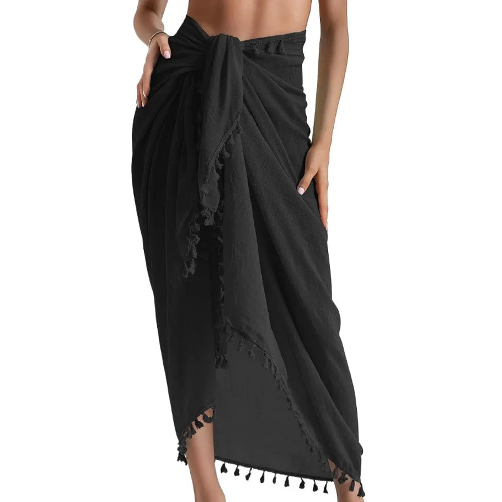Solid Color Beach Wrap Skirt Sheer Design Quick Drying Sarong Beach Towel Knot Side Tassel Trim Bikini Cover Up