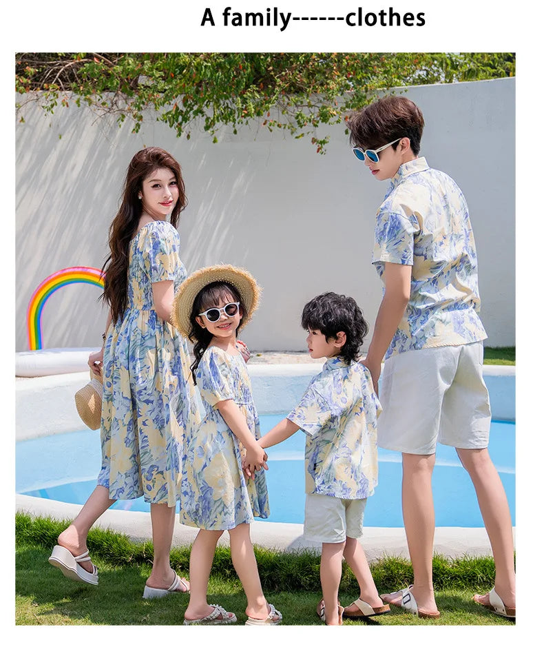 Vacation Couple Family Matching Outfit Dad Son Beach Shirts Mom Daughter Smock Dress Korean Parent-child Sister Brother Clothes