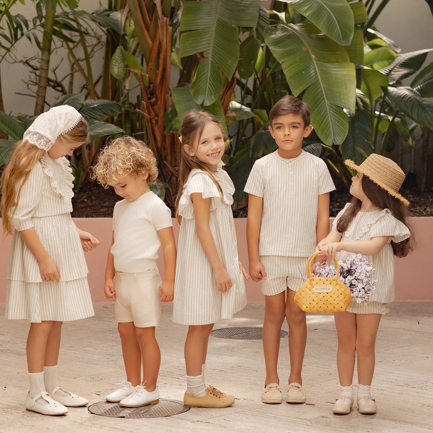 AP Santorini Stripe Collection SS26 Girls Ruffles Sleeve Dress Baby Kids Set V-neck Knit Top Brothers Sisters Family Matching