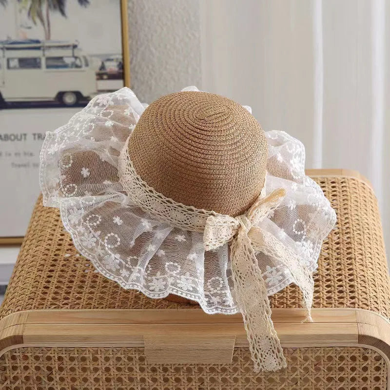 Summer Baby Girl Straw Hat Solid Color Lace Ruffle Kids Fisherman Cap Outdoor Beach Caps Sunshade Wide-brim Bucket Hats