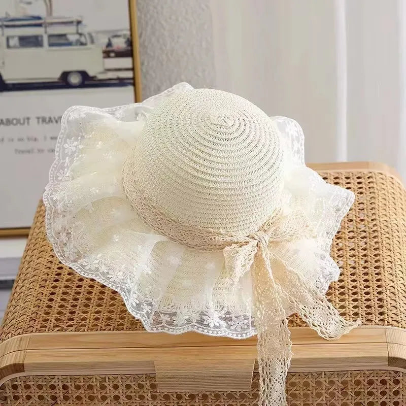 Summer Baby Girl Straw Hat Solid Color Lace Ruffle Kids Fisherman Cap Outdoor Beach Caps Sunshade Wide-brim Bucket Hats