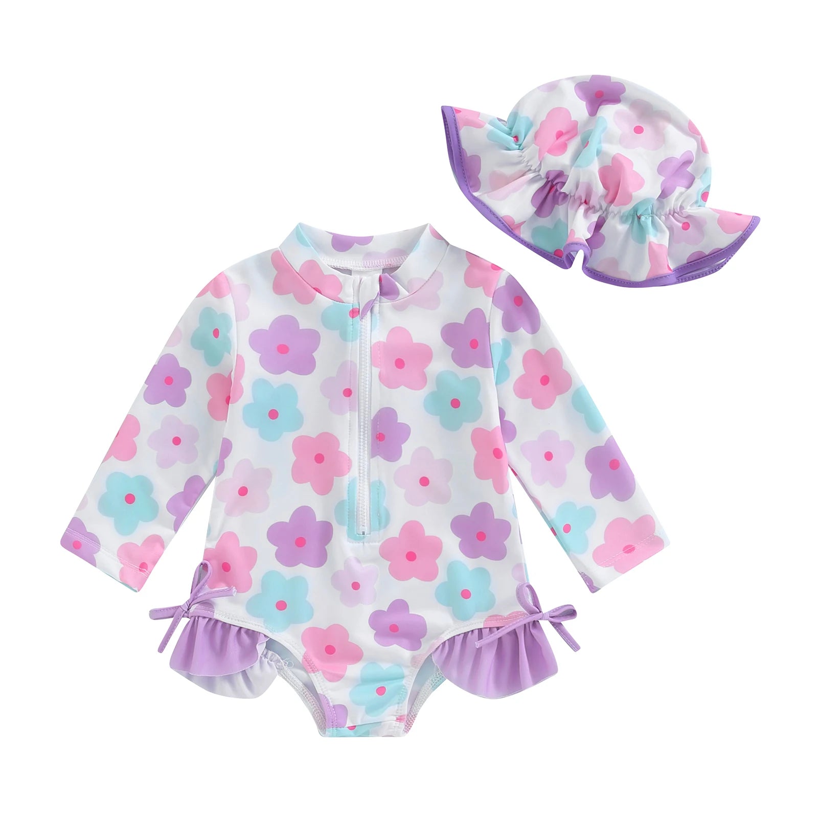 FOCUSNORM 0-24M Summer Baby Girls Rash Guard Swimsuits Long Sleeve Floral Print Zipper Swimwear and Sun Hat