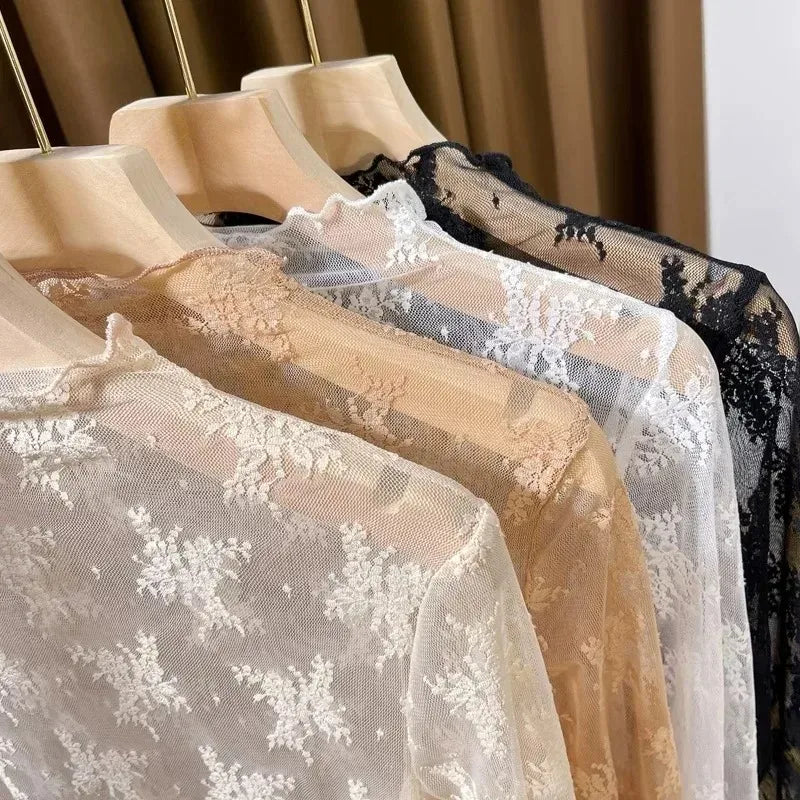New Women Floral Lace Shirt Spring Autumn Long Sleeve Sexy Mesh Bottoming Shirts Mock Neck Blouse T-Shirt Pullover Top