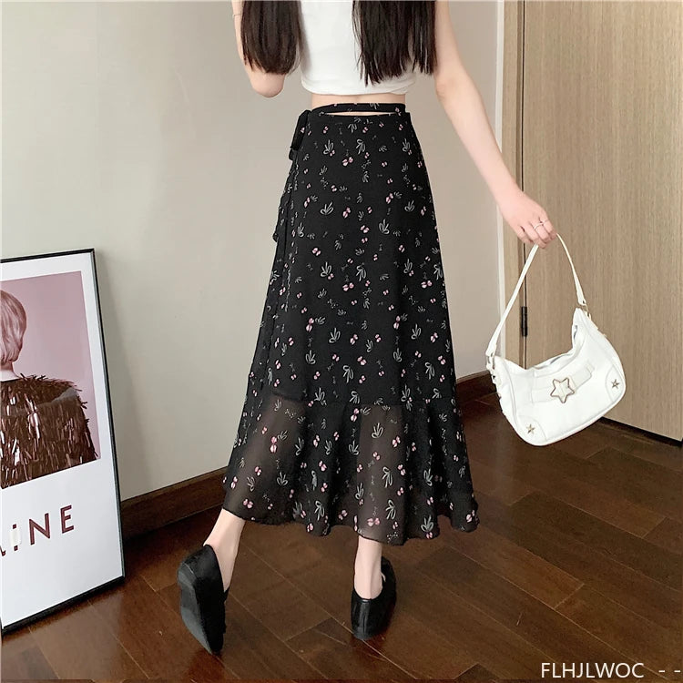 Wrap Up Chic Korea Clothes Women Cute Girls Floral Robe Holiday Beach Date High Waist Retro Vintage One-Piece Lace-Up Skirts