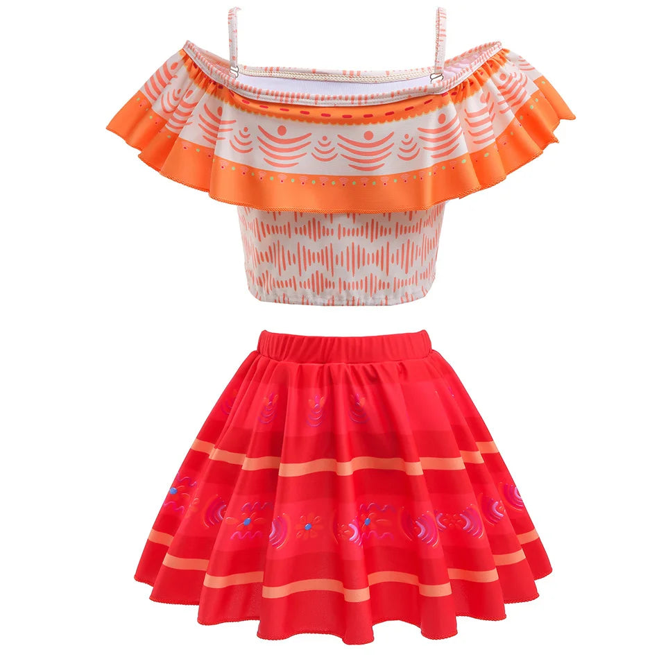 Encanto Cosplay Mirabel Isabela 2Pcs Tops Skirt Set Girls Dolores Luisa Pepa Bikini Swimwear Children Print Beachwear Costumes