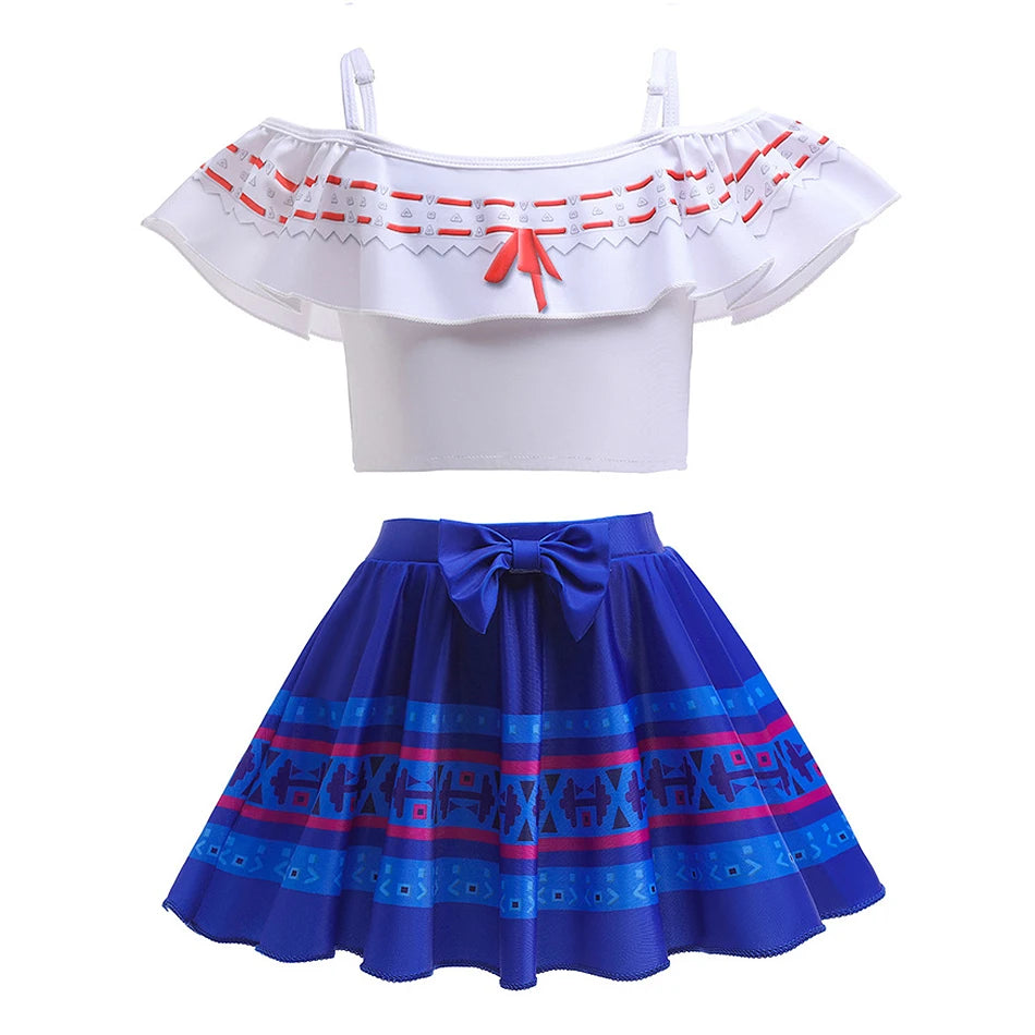 Encanto Cosplay Mirabel Isabela 2Pcs Tops Skirt Set Girls Dolores Luisa Pepa Bikini Swimwear Children Print Beachwear Costumes