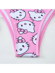 2pcs/A Set Kawaii Hello Kitty Print Triangle Bikini Set Halter Tie Side Swimwear 2-Piece Bathing Suit for Summer Beach Vacation