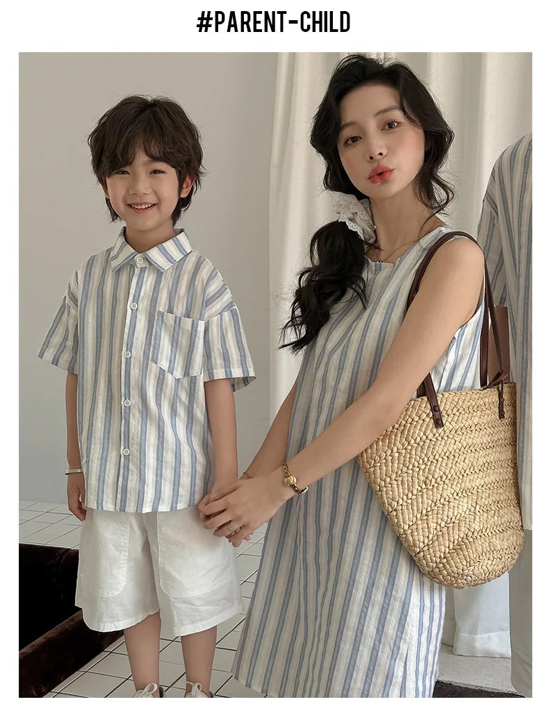 Korea Style Family Matching Outfit Striped Print Short Sleeve T-shirt+Shorts Tank Dress Parent-child Clothing Beach Holiday Look