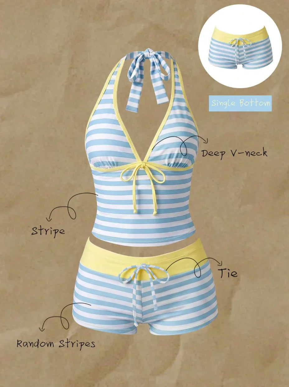 Women Swimwears Polka Dot 2-Piece Tankini Set Halter V Neck Front Tie Cami Top & Contrast Waistband Drawstring Swim Shorts