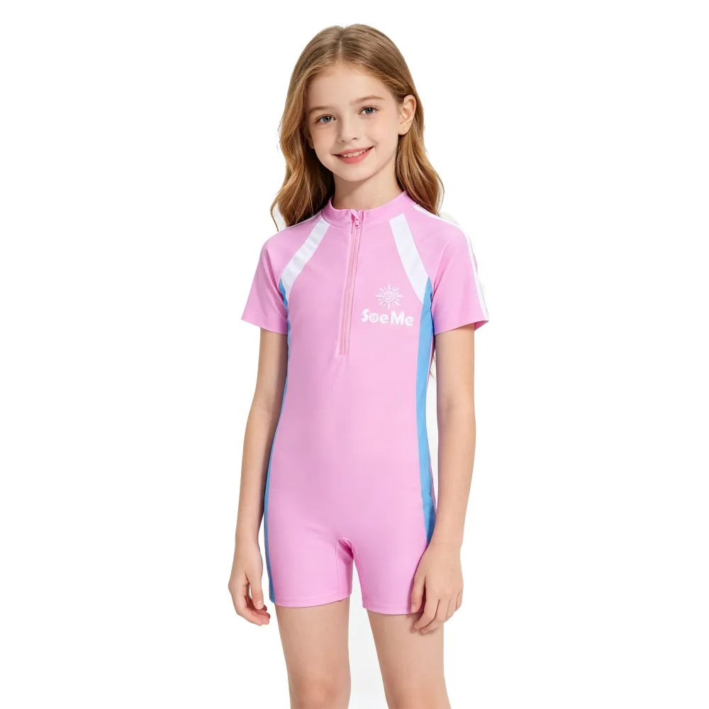 Girls Pink Sporty Striped One Piece Swimwear Summer Short Sleeve Zipper Rash Guard Kids Quick Dry Bathing Suit for Beach