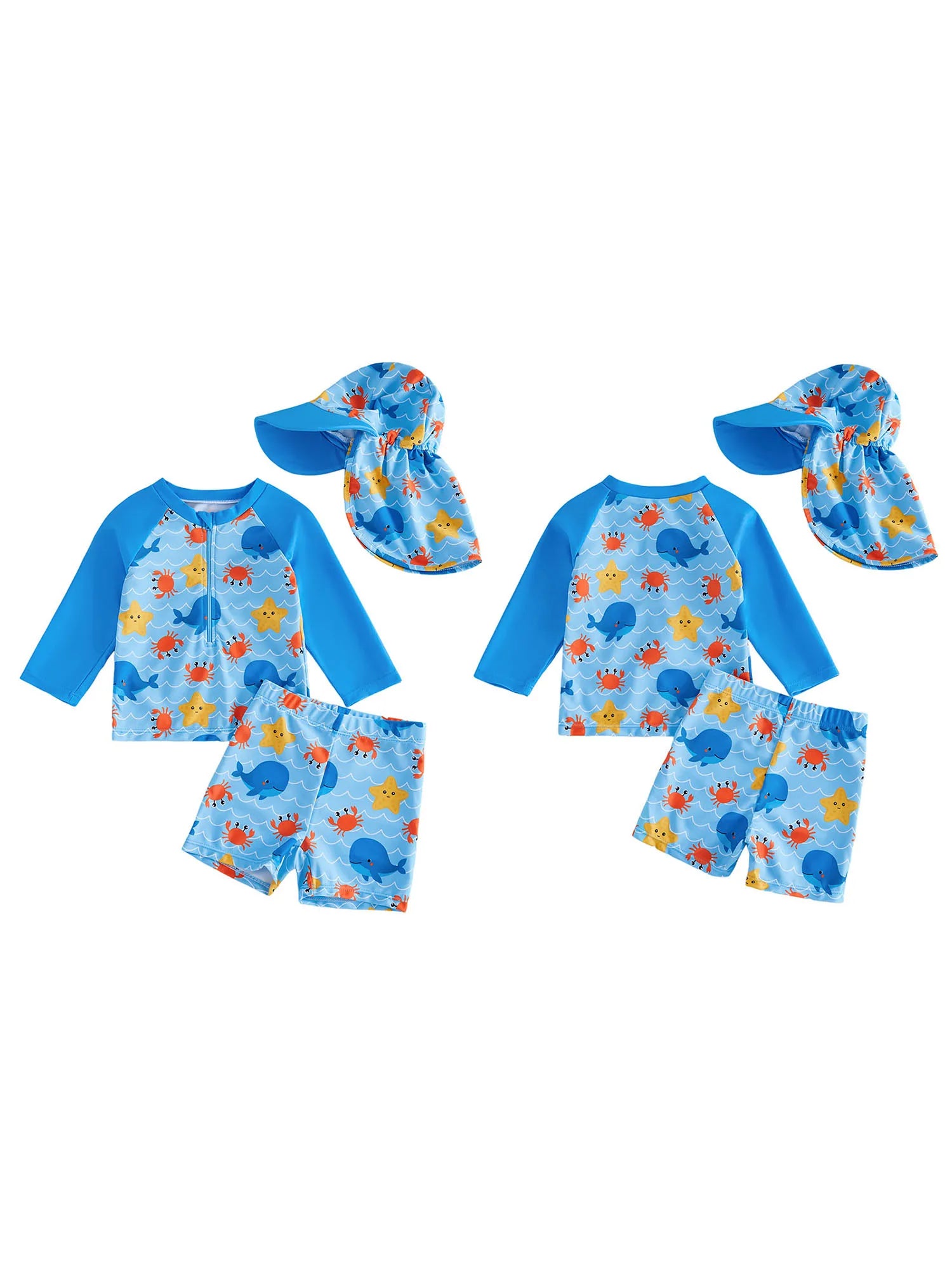 3Pcs Toddler Boy Swimsuit Set Long Sleeve Crew Neck Marine Animal Print Tops Swim Trunks and Hat Rash Guard Bathing Suit