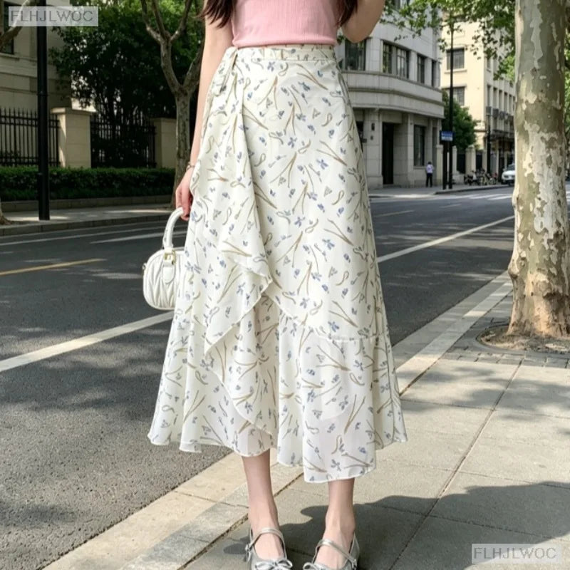 Wrap Up Chic Korea Clothes Women Cute Girls Floral Robe Holiday Beach Date High Waist Retro Vintage One-Piece Lace-Up Skirts