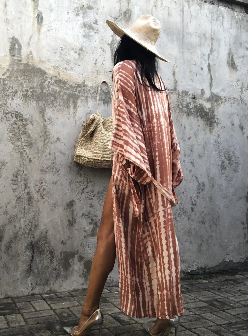 Women's Boho Stripe Tie Dye Swimsuit Cover Up with Belt Tunic Sarong Cardigan Dress Bikini Cover-ups Beach Wear Kimono