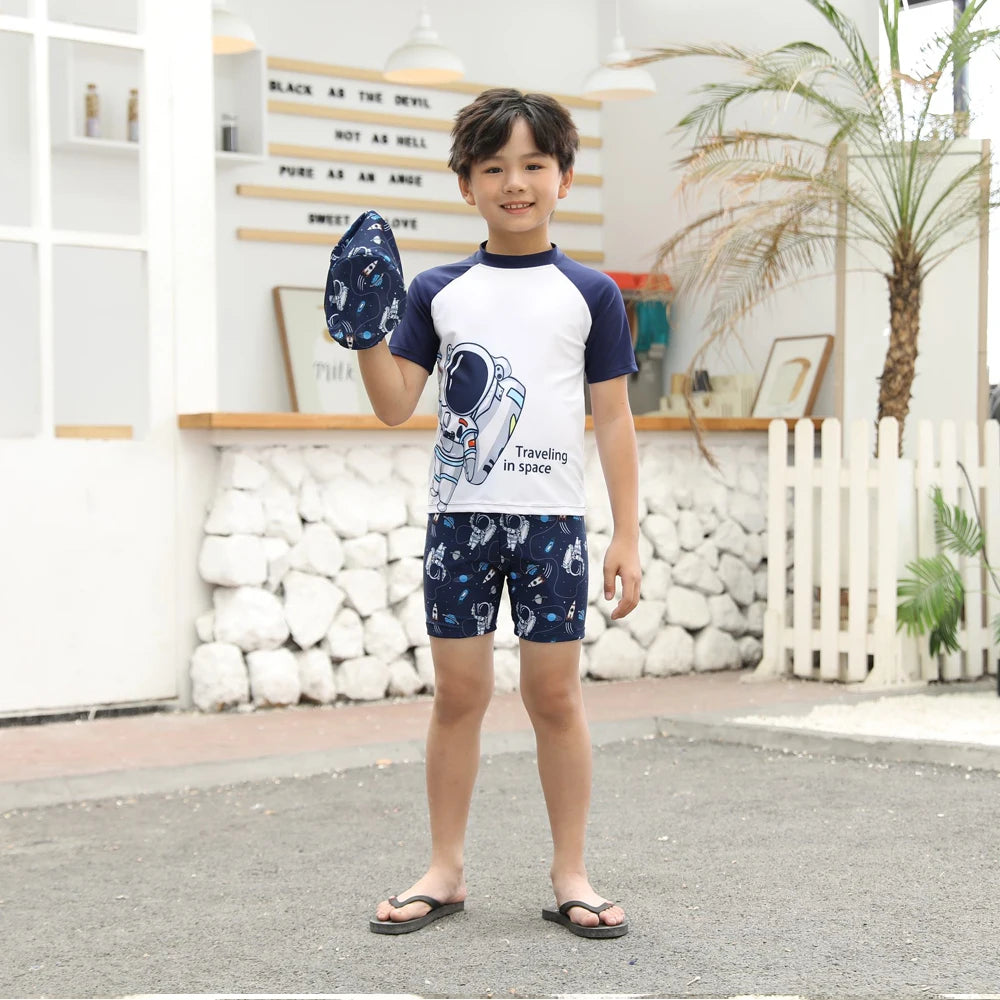 Kids Boy Swimsuit Cool Summer Children Board Shorts 3pieces Boys Swimwear Beach Surfing Girls Swimwear Bathing Suits with Hats
