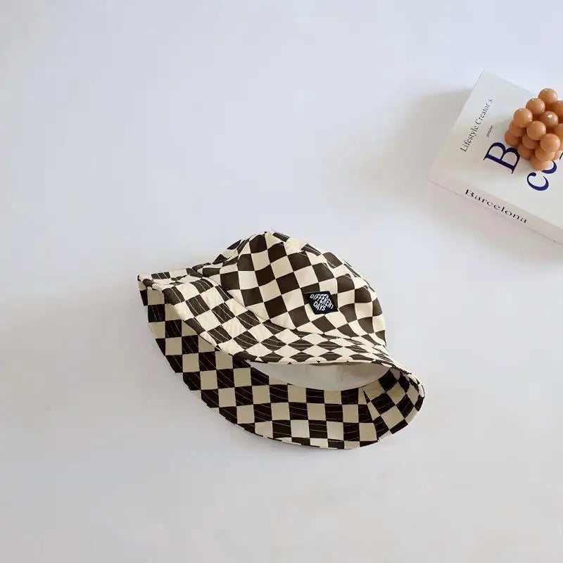 Stylish Kids Bucket Hat Checkerboard Plaid Pattern Sun Hat Breathable Wide Brim Cap For Boys And Girls