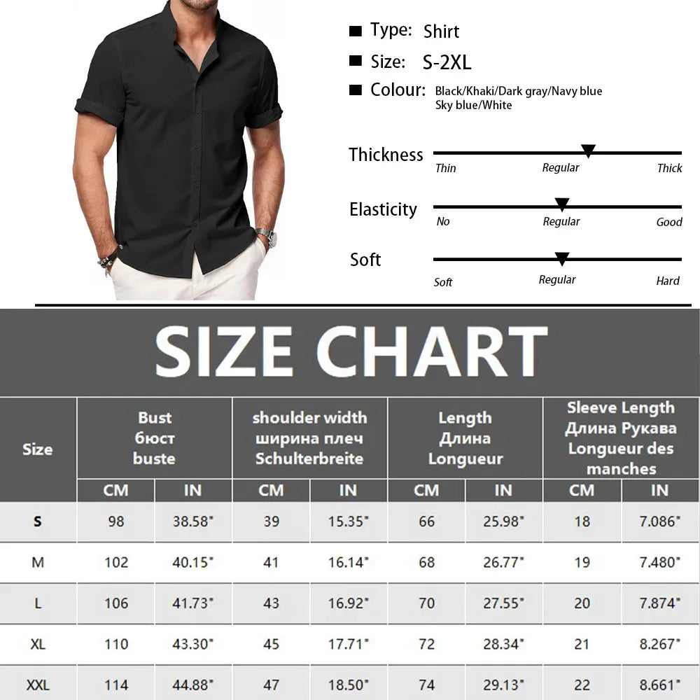 Summer Men's Short Sleeve Shirts Solid Color Stand Up Collar T Shirts Loose Casual Beach Shirt Breathable Male Linen Tops