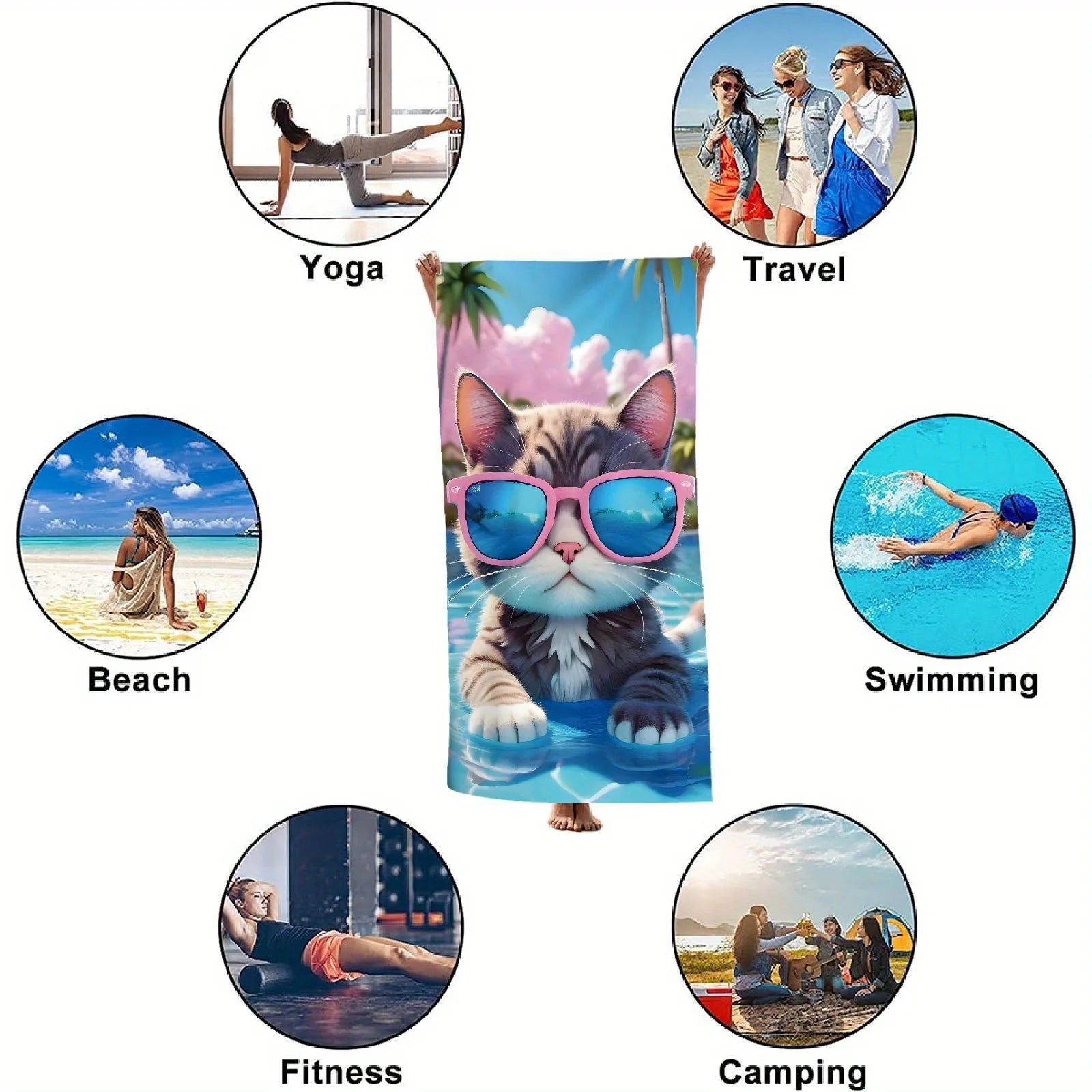 Adorable Cat-Printed, Skin-Friendly, Quick-Dry, Super Absorbent, Light & Thin, Extra Large Beach Towel!